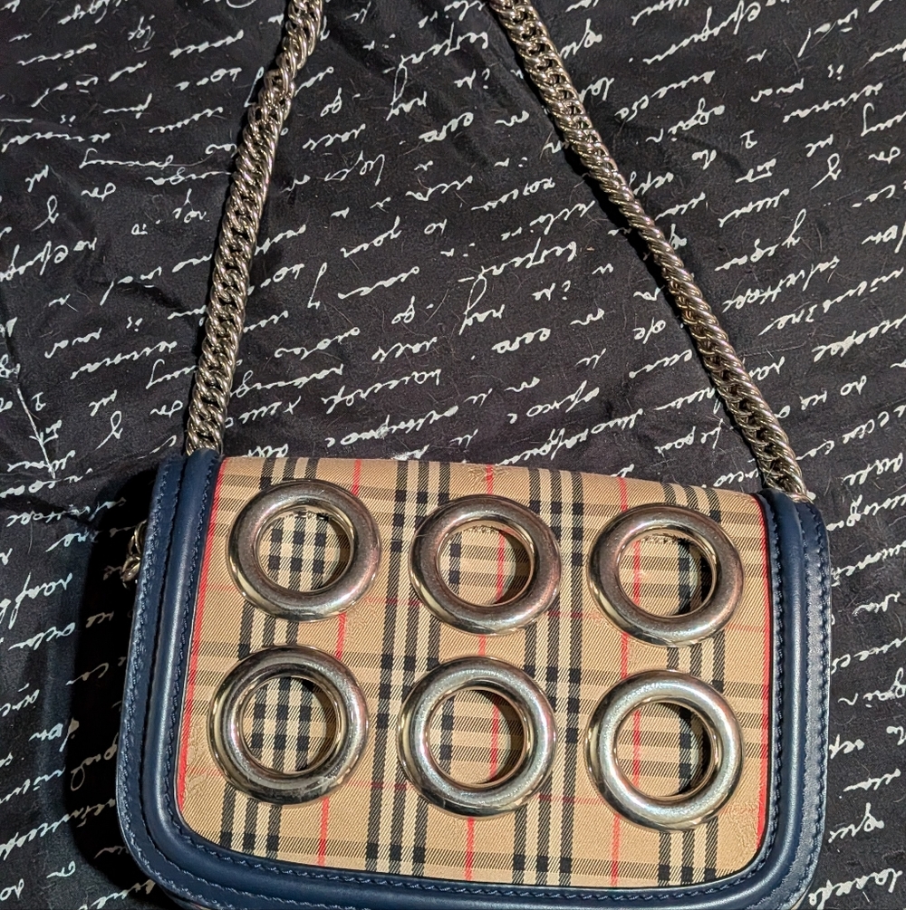 Burberry Navy Leather & Vintage Check Chain Shoulder Bag with Silver Grommets